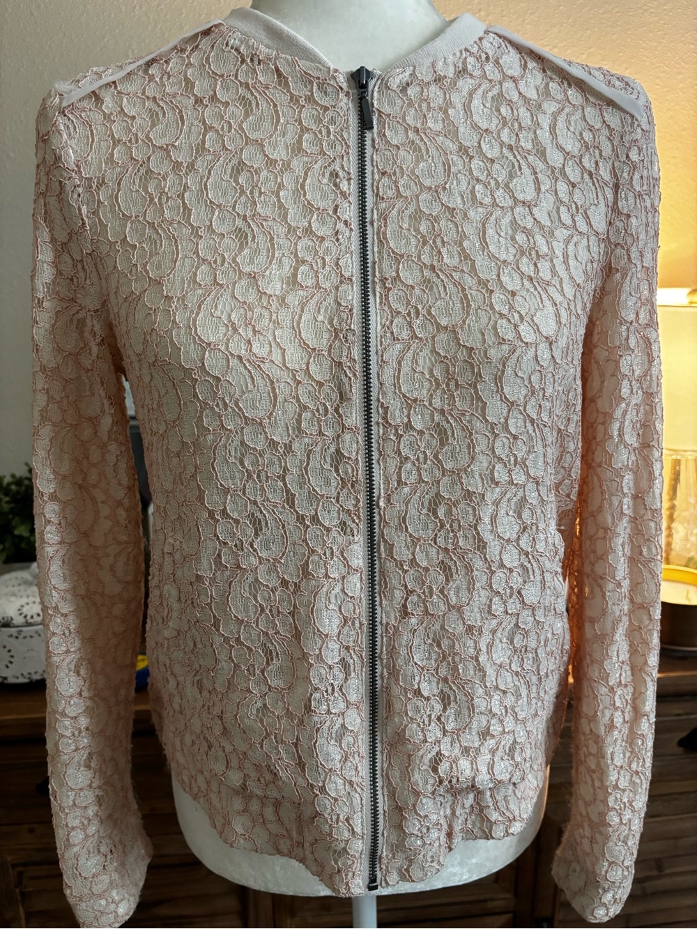 LC Lauren Conrad Pale Pink Lace Zip Bomber Jacket